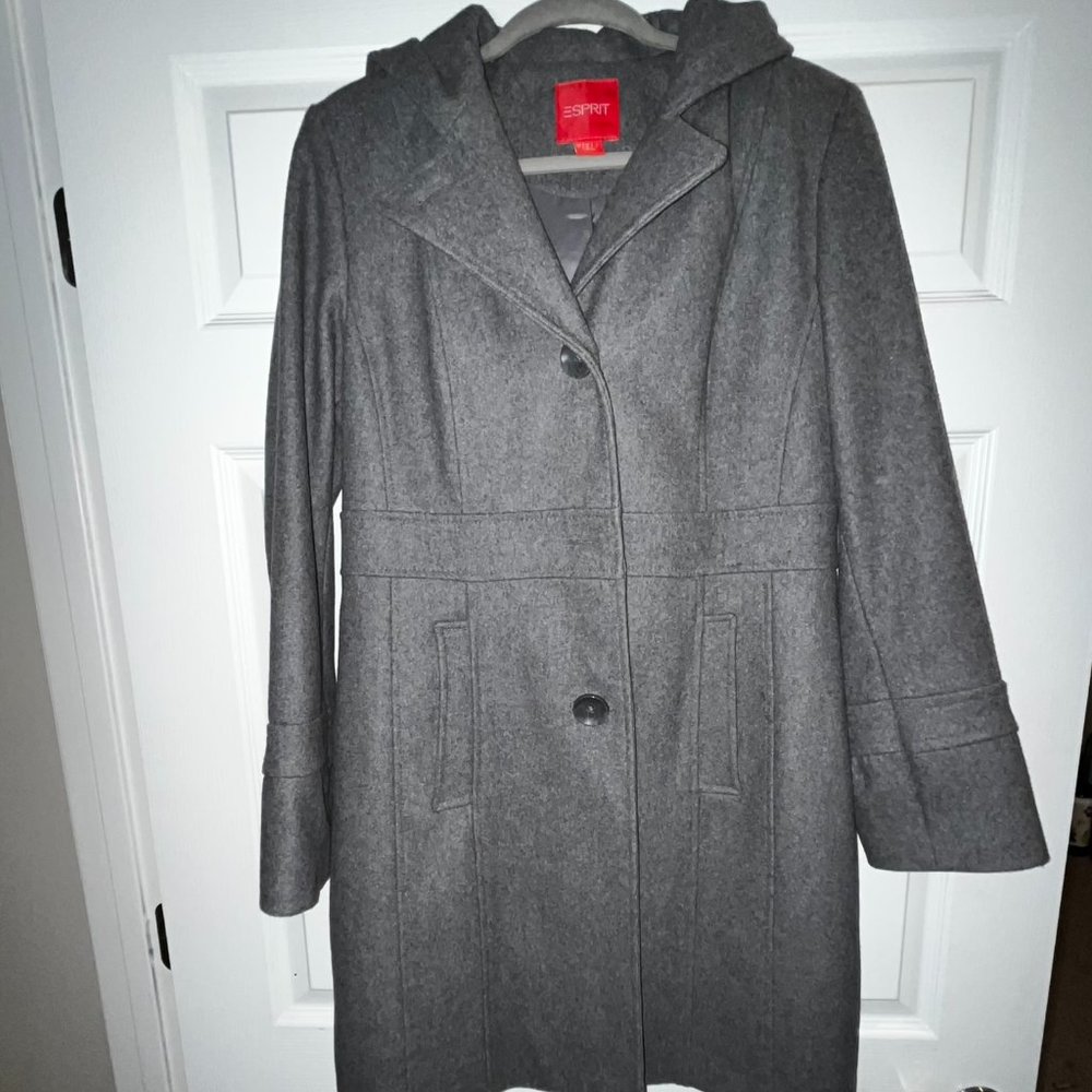 Women's Vintage ESPRIT Gray, Hooded Pea Coat